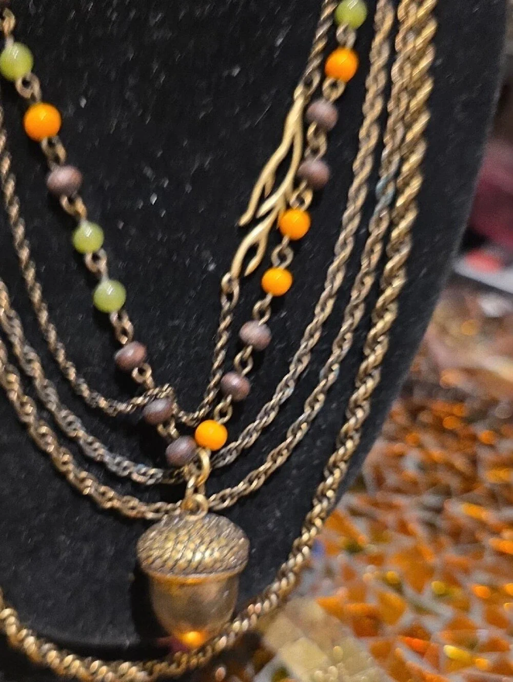 Antique Gold Multi-Strand Owl & Acorn Necklace with Green and Orange Beads